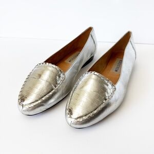 Vintage 1980s Silver Leather Loafers size 9.5 wide womens